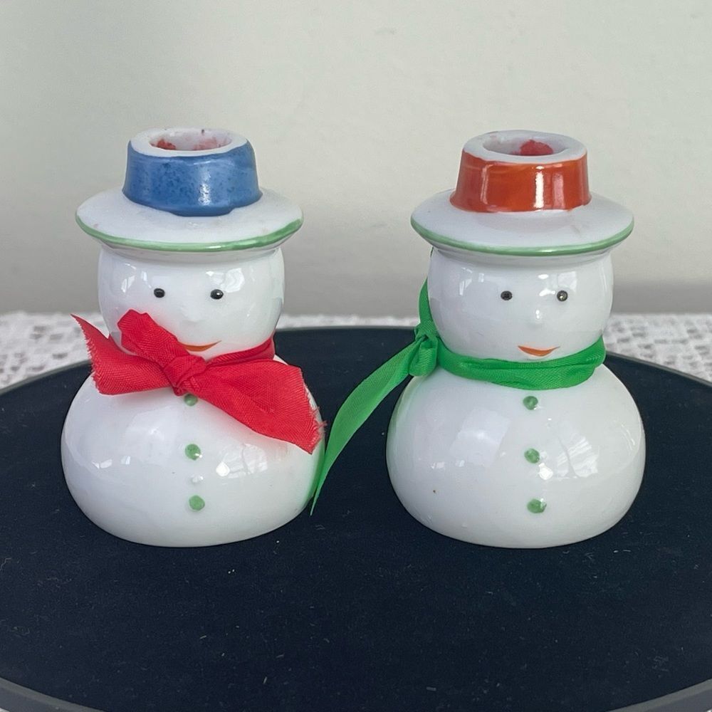 Set of 2 || Vintage ceramic candle stick holders || Snowmen candle holders